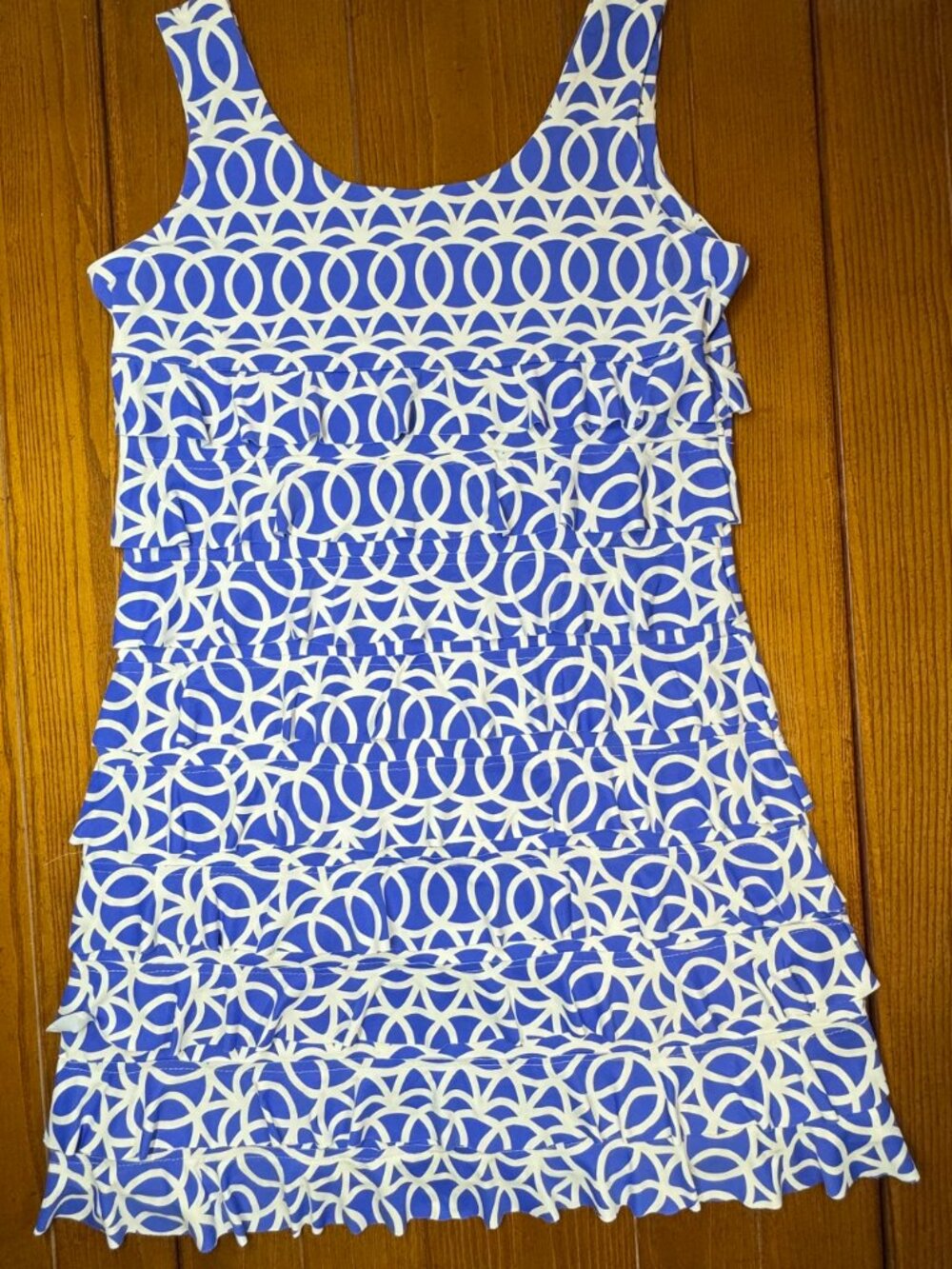 Lulu B Blue & White Geometric Tiered Ruffle Dress | Size M - Picture 5 of 7